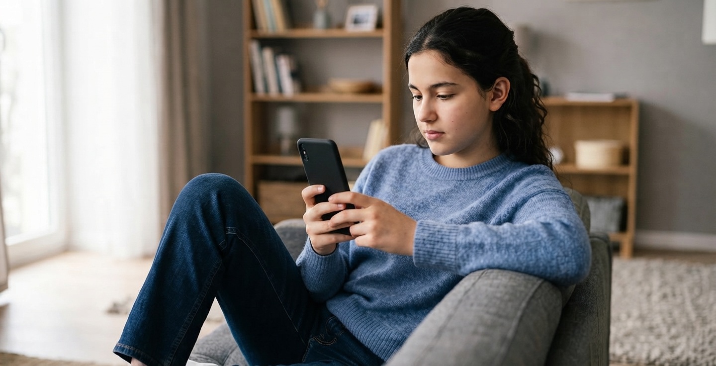 Une adolescente consulte son compte bancaire sur son smartphone, assise confortablement dans un salon moderne