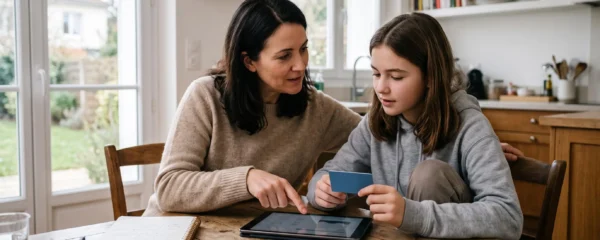 Un parent et son adolescent assis à une table discutent de la gestion d'un compte bancaire, la jeune personne tenant une carte bancaire pendant que le parent explique sur une tablette