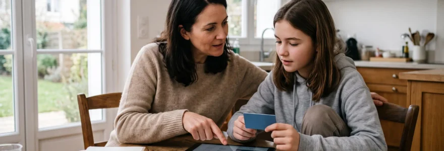 Un parent et son adolescent assis à une table discutent de la gestion d'un compte bancaire, la jeune personne tenant une carte bancaire pendant que le parent explique sur une tablette