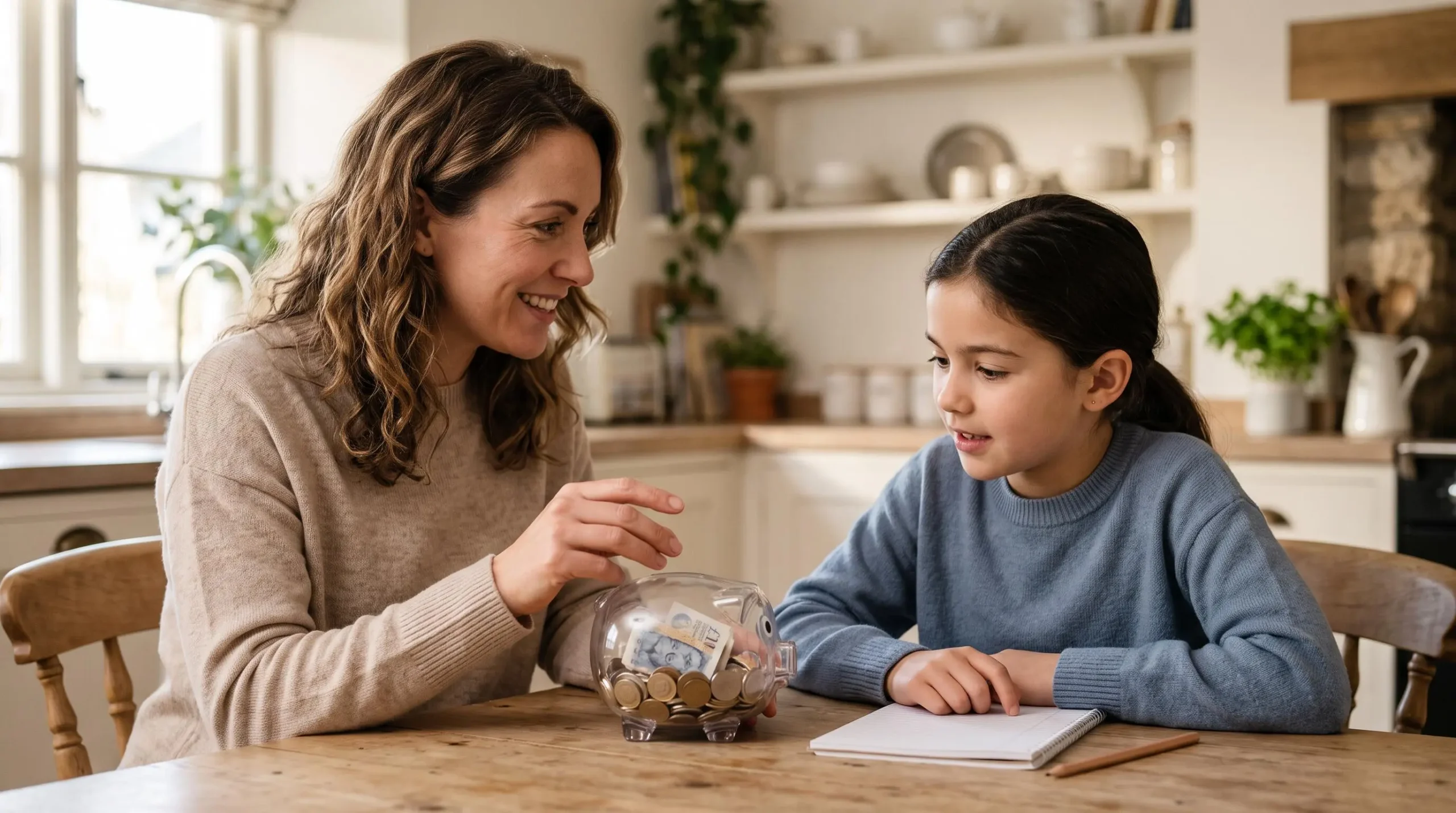 Une mère explique les concepts d'épargne à son enfant devant une tirelire transparente contenant des pièces et des billets, tous deux assis à une table de cuisine