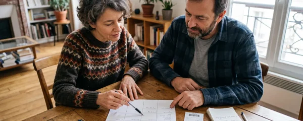 Deux adultes examinent leurs dépenses communes sur une table à domicile