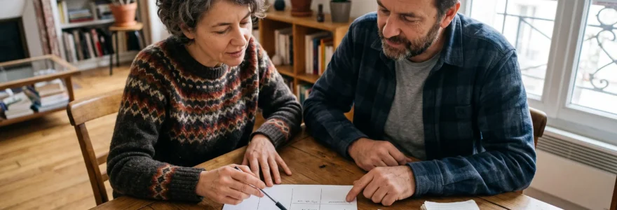 Deux adultes examinent leurs dépenses communes sur une table à domicile