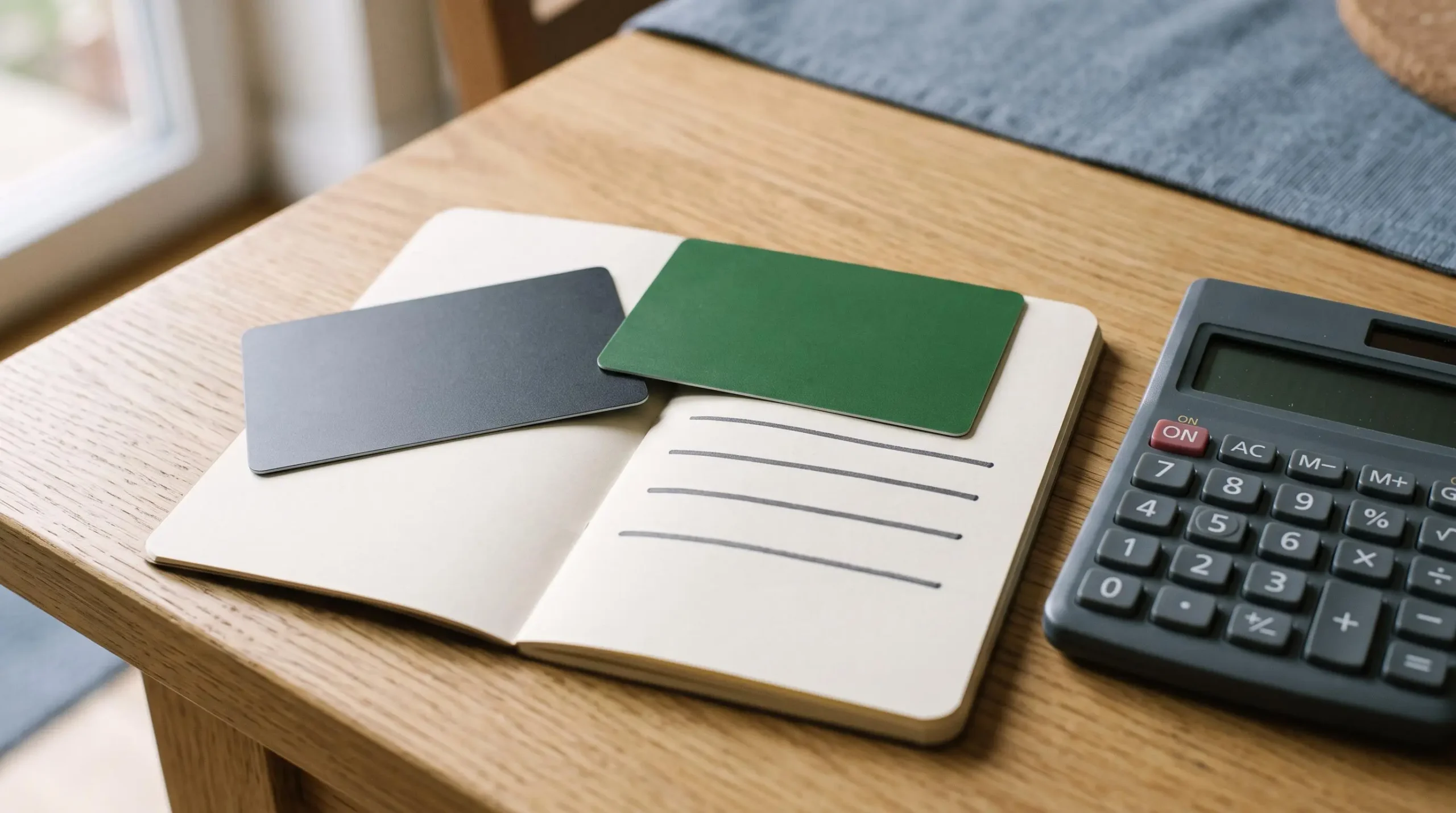 Carnet de calcul montrant des catégories de coûts non chiffrées à côté de deux cartes génériques
