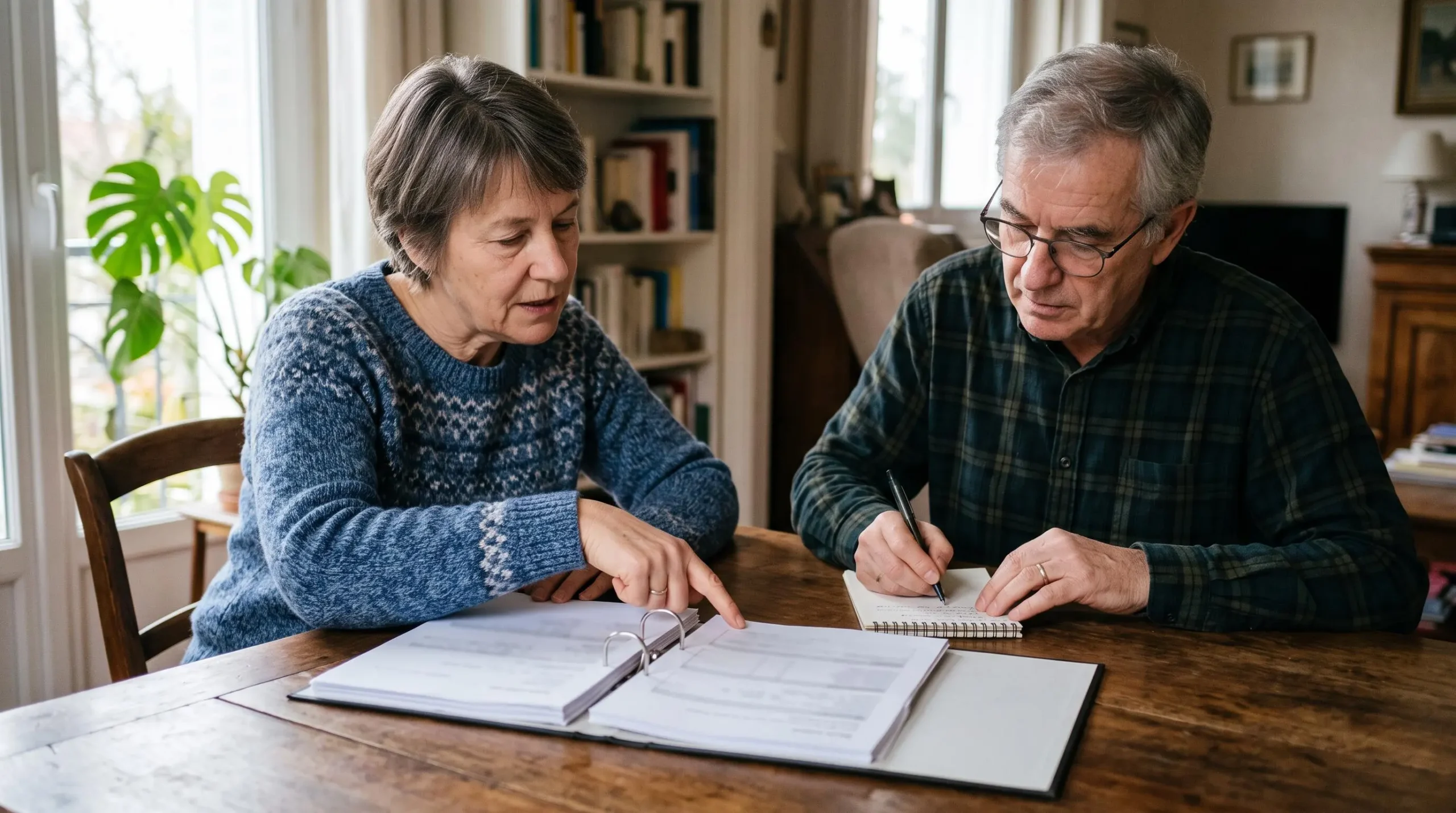 Deux adultes relisent ensemble une convention bancaire vierge